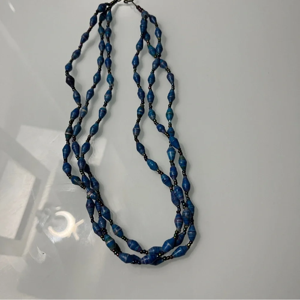 Vintage Triple Strand Handmade Blue Black Beads Necklace.